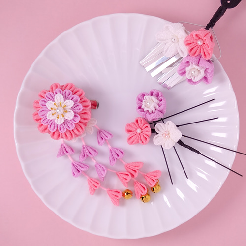 つまみ細工】ひなぎく ラベンダー 髪飾り5点セット 七五三 3歳 Uピン