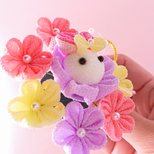 うさぎちゃんも一緒！ゆめかわ つまみ細工髪飾り 2点セット 七五三 3歳