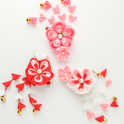 つまみ細工】重ね梅 赤 髪飾り2点セット 七五三 3歳 子供 ひなまつり