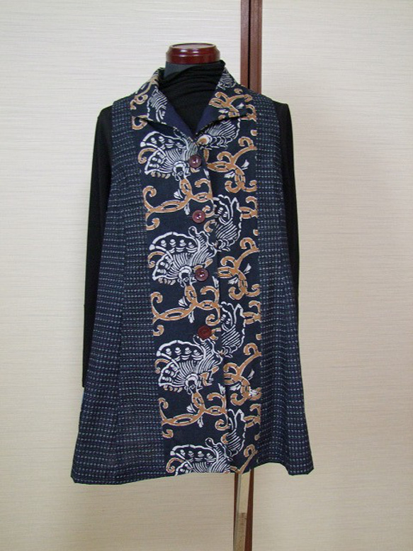 絣リメイク 藍染 古布 木綿着物 着物リメイクチュニック