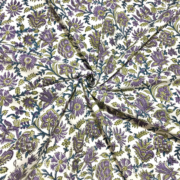 【50cm單位】白紫黃花印度手工塊印花布料棉質 第1張的照片