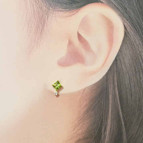 【ベーネベーネ】ペリドット&ダイヤモンド K18 ピアス そのレーシィさの虜！」ペリドットスクエアピアス PT900 K18 K10