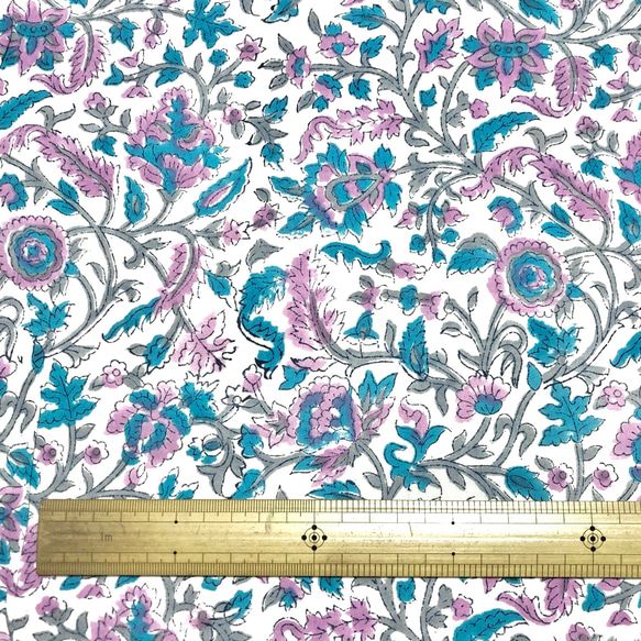【50cm單位】白紫花孔雀葉印度手工塊印花布料棉質 第6張的照片