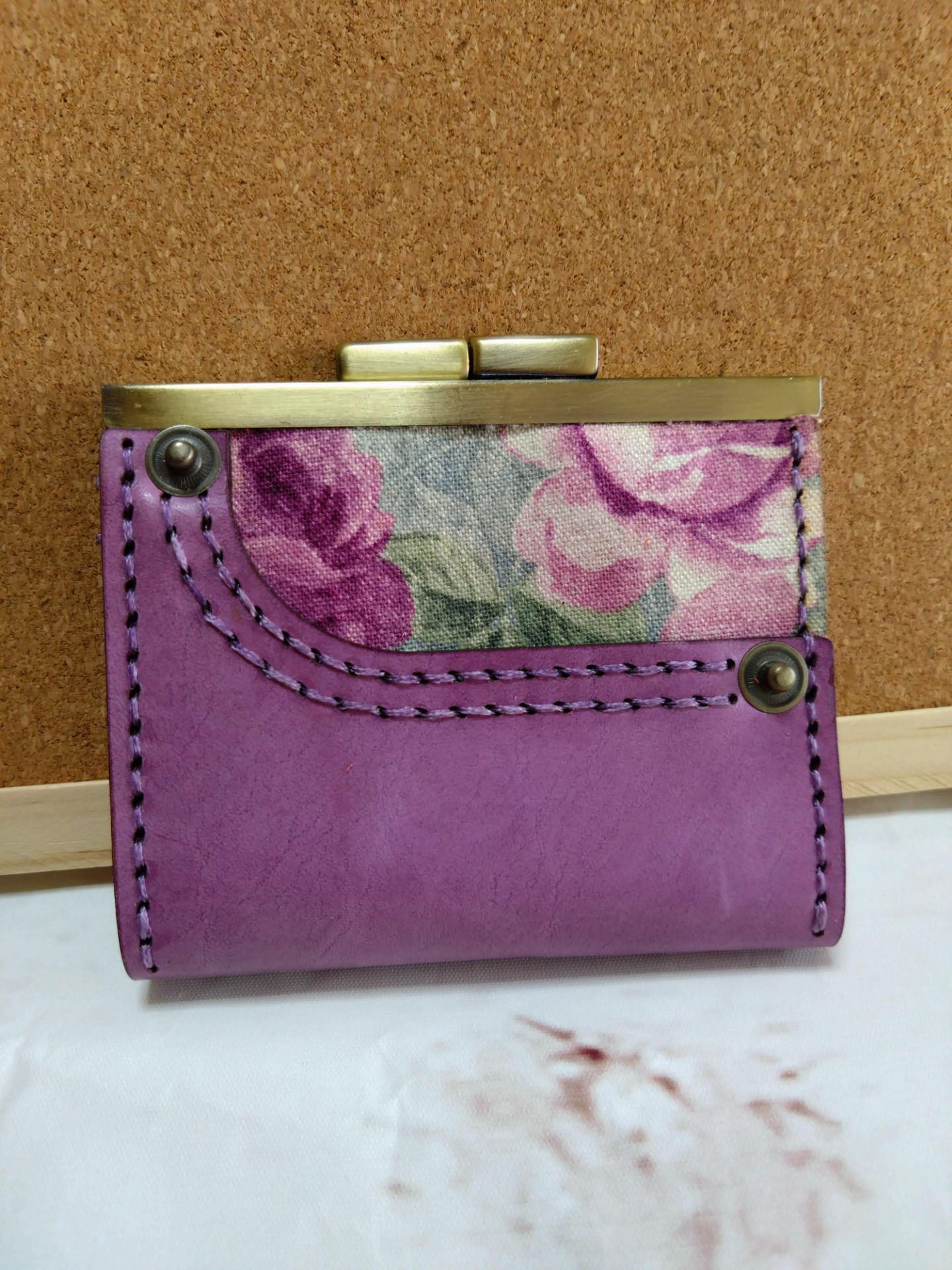 ミニ小銭入れバラの生地×牛革