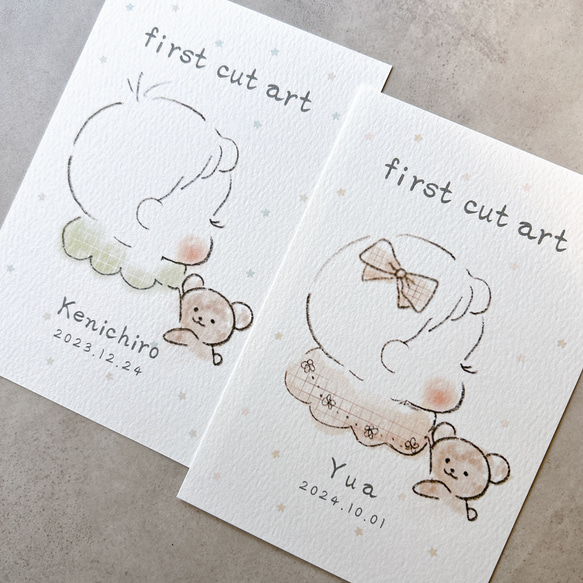 ファーストカットアート♪高級紙に印刷/女の子用・男の子用/手書き/リボン/水彩画/胎毛筆/ヘアカットアート 3枚目の画像