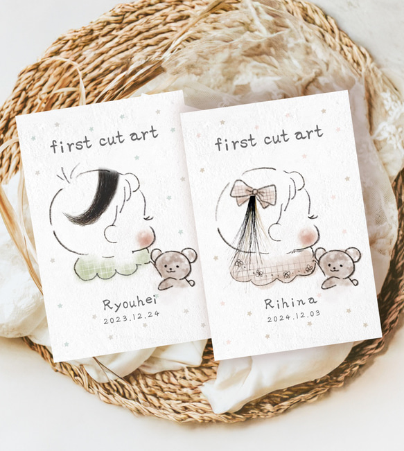 ファーストカットアート♪高級紙に印刷/女の子用・男の子用/手書き/リボン/水彩画/胎毛筆/ヘアカットアート 1枚目の画像