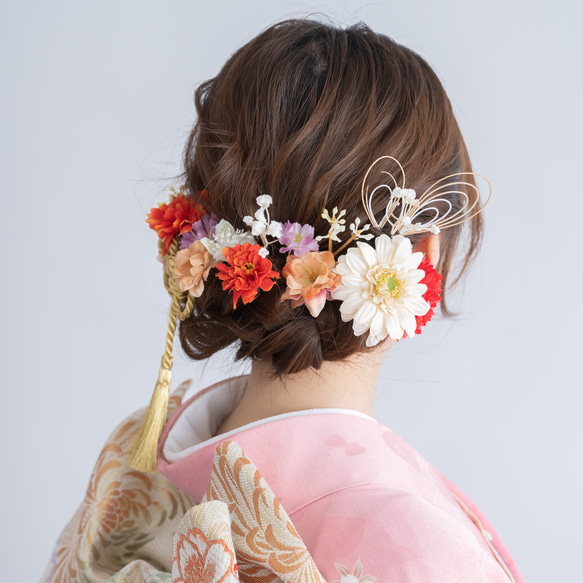 ミディアム・ロングヘアーの成人式振袖髪飾りM】ピンク・白・赤の卒業