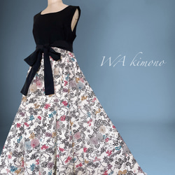 ”和で魅せる”フレアーロングワンピース 着物リメイク リボン ドレス 衣装 演奏会  白黒  M〜LL (B5803) 1枚目の画像