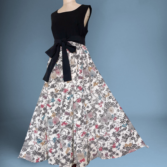 ”和で魅せる”フレアーロングワンピース 着物リメイク リボン ドレス 衣装 演奏会  白黒  M〜LL (B5803) 4枚目の画像