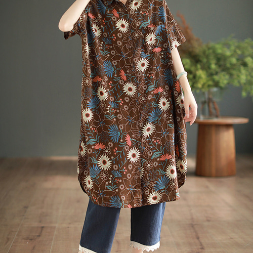花柄 シャツ チュニック ワンピース レディース 前開き ブラウス