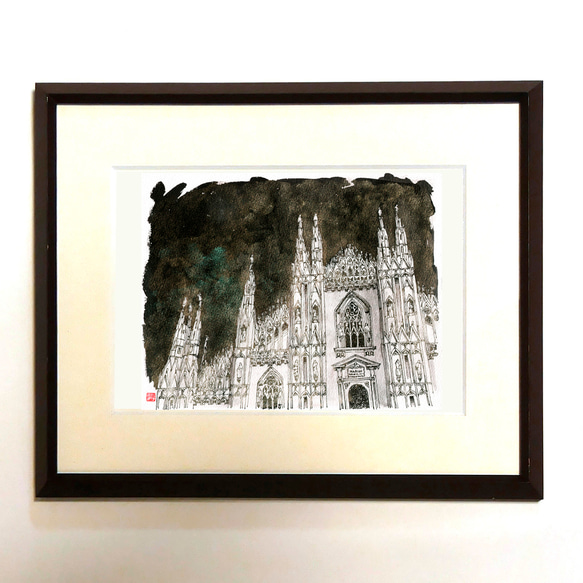 水彩風景画　額装品（ジークレープリント） 『深夜の大聖堂』 1枚目の画像