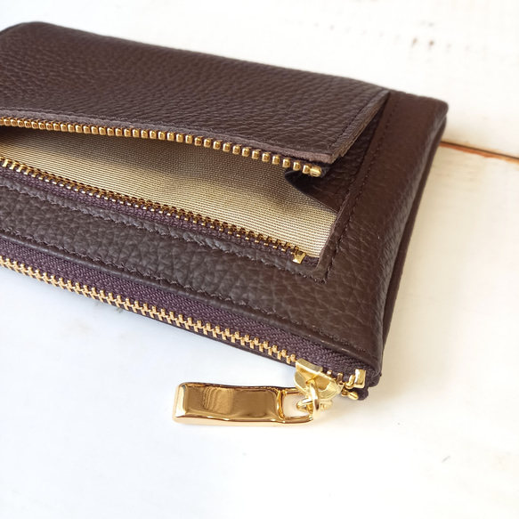 スリムで軽いミニ財布(チョコレートブラウン)高級イタリアンレザー◇カード入れは10か所！【かわつむ】L字ファスナー財布 7枚目の画像