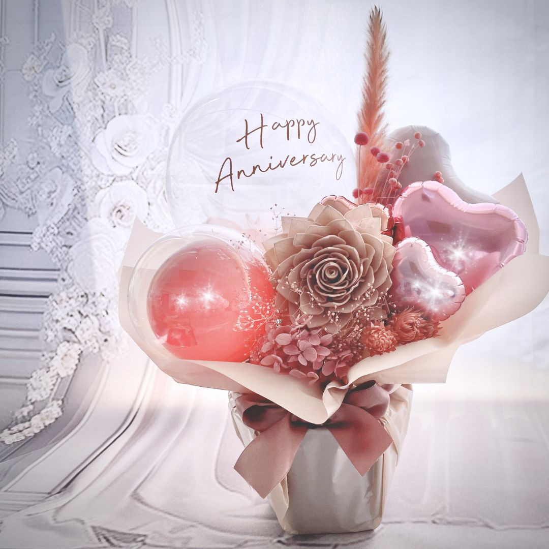 【記念日】幸せシェルピンクギフト｜卓上ギフト　バルーン電報　開店祝い　お誕生日　結婚式　電報　ドライフラワー