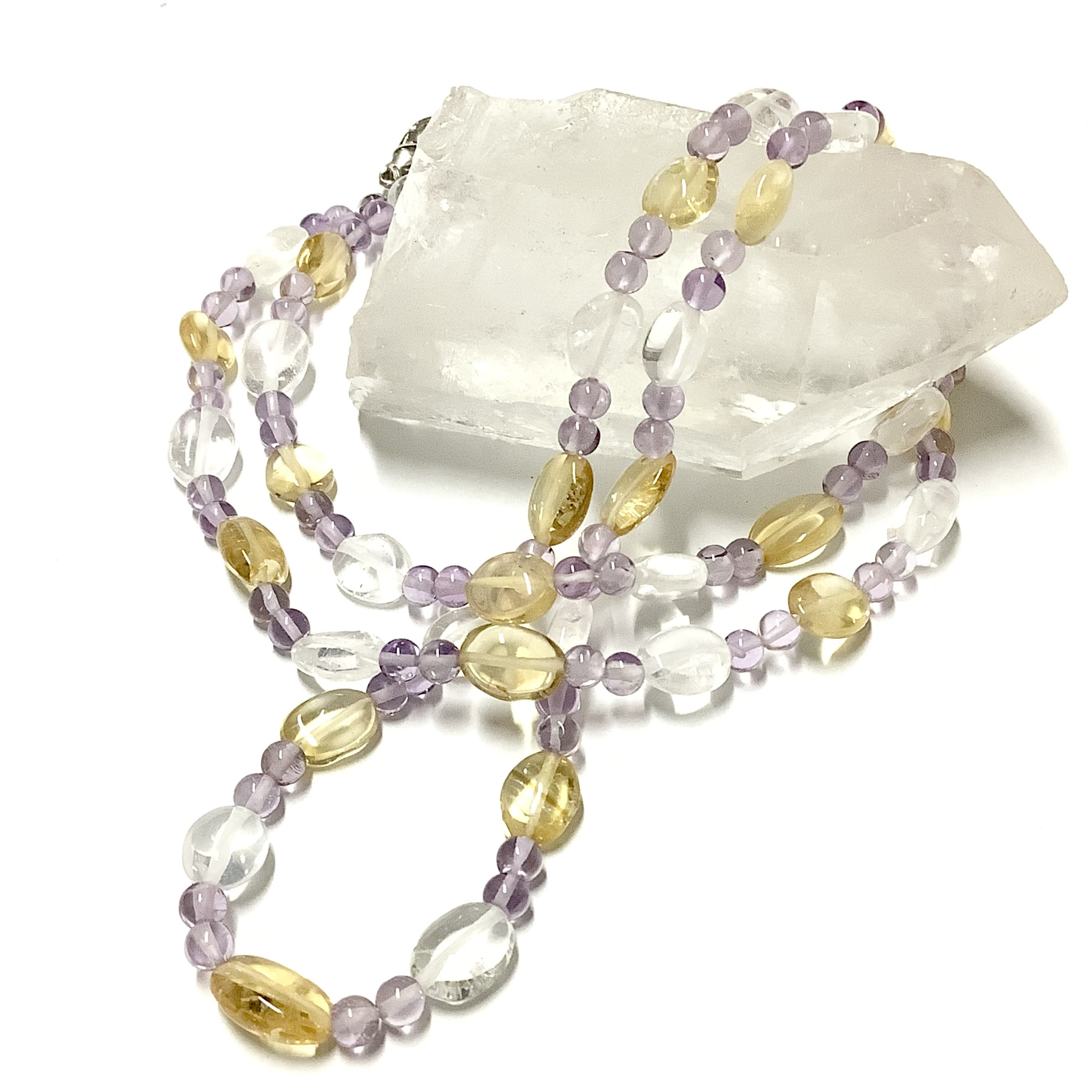 数量限定☆幸運と希望を満たすお守り☆ ヒーリングストーン 天然石 シトリン＆ヒマラヤ水晶＆アメジスト ロングネックレス