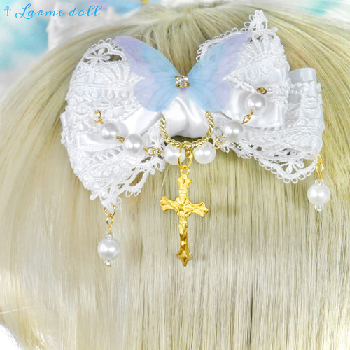 受注生産】《☥》ロリィタリボンヘアクリップ ガラス製パールビーズ 