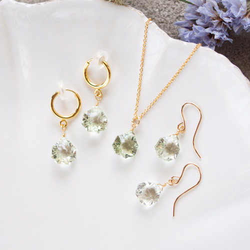 グリーンアメジスト（コンケーブカット）のシンプルネックレス（14KGF