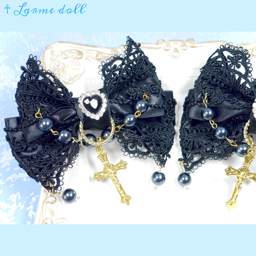 ☥》ロリィタリボンヘアクリップ ガラスタイプ(黒)【デザインカスタム  