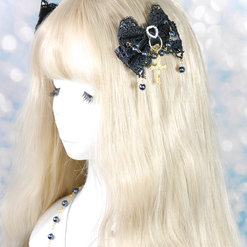 受注生産】《☥》ロリィタリボンヘアクリップ ガラス製パールビーズ  