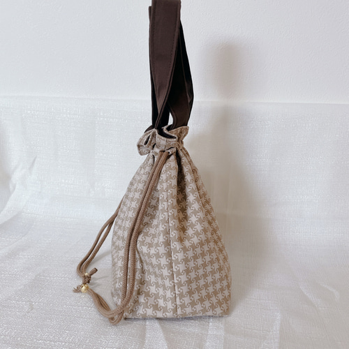 巾着トートバッグ【千鳥格子柄ベージュ】2way仕様 / ショルダー 斜