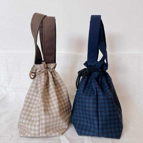 巾着トートバッグ【千鳥格子柄ベージュ】2way仕様 / ショルダー 斜