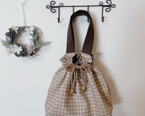 巾着トートバッグ【千鳥格子柄ベージュ】2way仕様 / ショルダー 斜