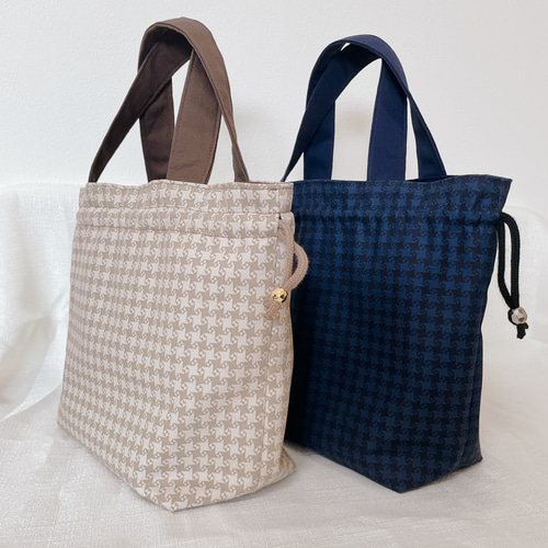 巾着トートバッグ【千鳥格子柄ベージュ】2way仕様 / ショルダー 斜