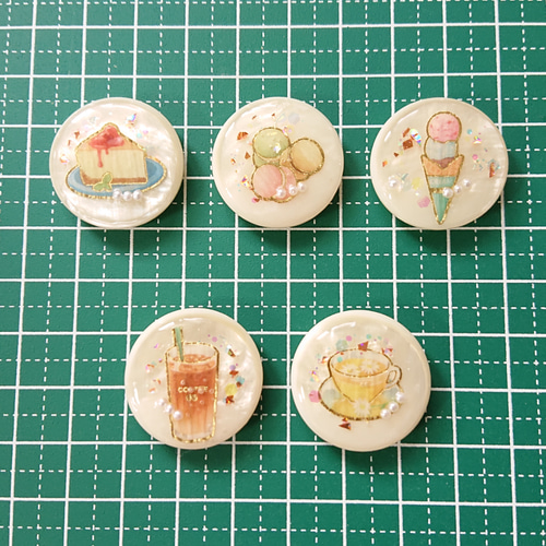 ティータイムボタンE☆5個 m32 チーズケーキ/マカロン/アイス/ドリンク 