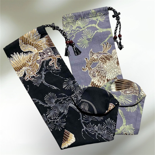 40cmバチ用】筒型バチ袋 和太鼓 ばち入れ 和柄 長い巾着袋 鷹 日本製