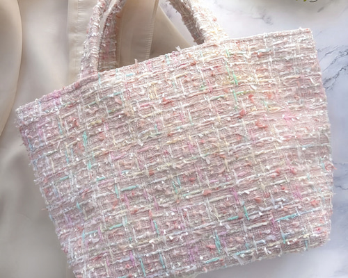 マチ広めトートバッグ 桜色 ピンク ツイード プレゼント ご褒美