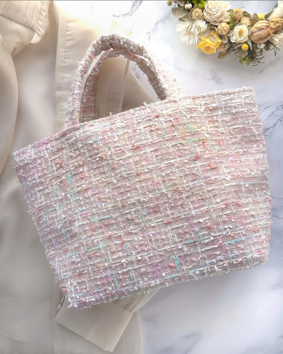 【専用品】尾州キラキラリボンツイードトートバッグ　さくらピンク マチ広めトートバッグ 桜色 ピンク ツイード プレゼント ご褒美
