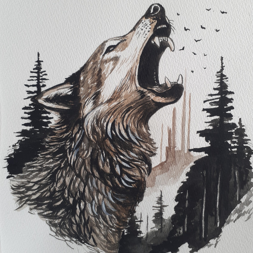 水彩画 オオカミの遠吠え 絵画 makochin 通販 16403001｜Creema(クリーマ)