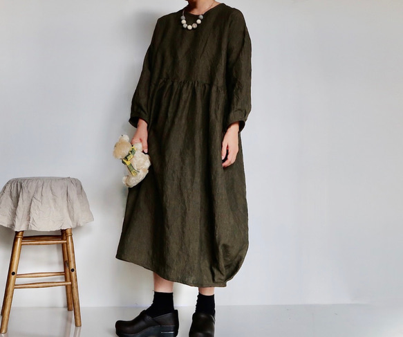 ＦＵＲＦＵＲ　ファファ　新品　未使用　半袖ワンピース リネン　モスグリーン FURFURファファ新品未使用半袖ワンピース リネンモスグリーン