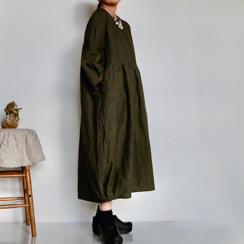 ババグーリ ワンピース 3L リネン100 ロング サンドカーキ コクーン 国産天日干しリネン・ 濃いモスグリーン 雰囲気たっぷりなコクーン