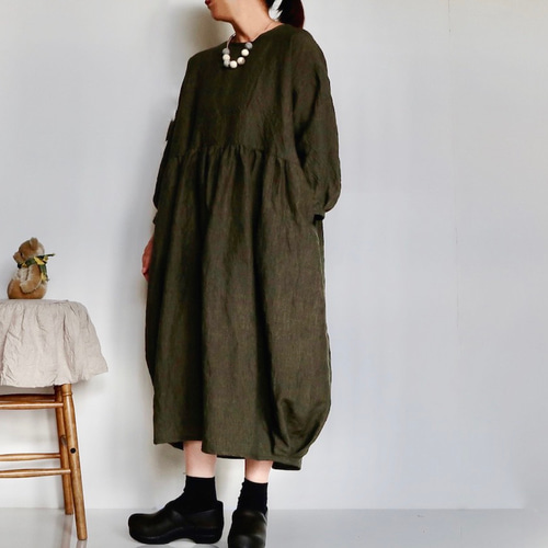 国産天日干しリネン・ 濃いモスグリーン 雰囲気たっぷりなコクーン