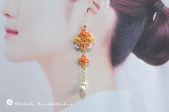 【訂做】梭織蕾絲桂花棉珍珠不對稱耳環 第5張的照片
