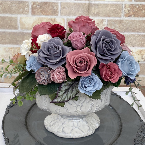 アンティークカラーの豪華なプリザーブドフラワー両面アレンジ(クリア