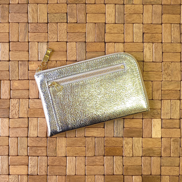 スリムで軽いミニ財布(シャンパンゴールド) 牛革 自然なシュリンク◇カード入れは10か所！【かわつむ】L字ファスナー 1枚目の画像