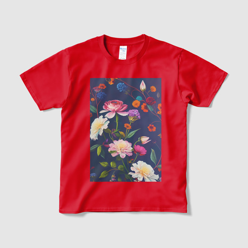 PINKSTORE 花柄 Tシャツ 宝石や鉱石のように輝く北欧のカラフルで色鮮やかな花柄や蒼い背景が