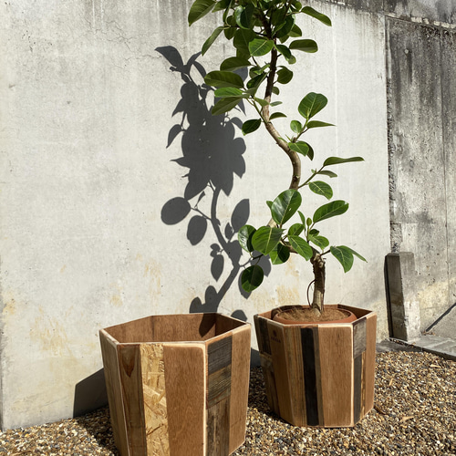 六角つぎはぎ鉢カバー8号鉢対応用 皿まるごと入る 古材・流木リユース