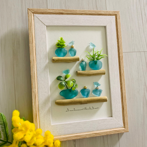 シーグラスアート 幸せの青い鳥 インテリア雑貨 壁掛け 置物