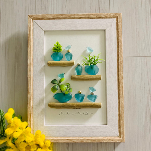 3038 インテリア雑貨 壁掛け 置物 北欧 観葉植物 シーグラスアート 小鳥 ミニシーグラスアート インテリア雑貨 幸せのシーグラス青い小鳥