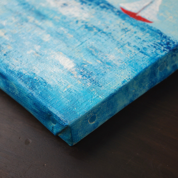晴れやかブルー2025【受注制作】【原画】ヨットの浮かぶ 海　約227×158mm（SMサイズ）キャンバス　送料無料 7枚目の画像