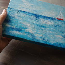 晴れやかブルー2025【受注制作】【原画】ヨットの浮かぶ 海　約227×158mm（SMサイズ）キャンバス　送料無料 6枚目の画像