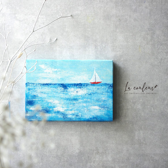 晴れやかブルー2025【受注制作】【原画】ヨットの浮かぶ 海　約227×158mm（SMサイズ）キャンバス　送料無料 10枚目の画像