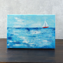 晴れやかブルー2025【受注制作】【原画】ヨットの浮かぶ 海　約227×158mm（SMサイズ）キャンバス　送料無料 2枚目の画像