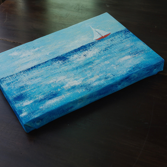 晴れやかブルー2025【受注制作】【原画】ヨットの浮かぶ 海　約227×158mm（SMサイズ）キャンバス　送料無料 4枚目の画像