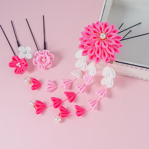 つまみ細工】 彩り ピンク 髪飾り 5点セット 七五三 7歳 成人式 卒業式