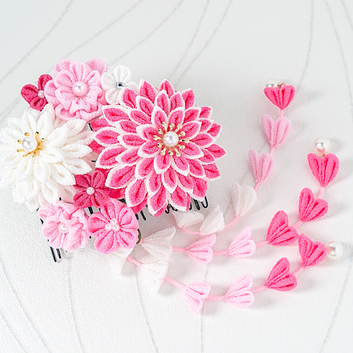 つまみ細工】 彩り ピンク 髪飾り 5点セット 七五三 7歳 成人式 卒業式