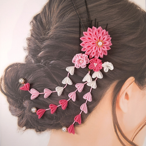 つまみ細工　ピンクの髪飾り　5点セット つまみ細工】 彩り ピンク 髪飾り 5点セット 七五三 7歳 成人式