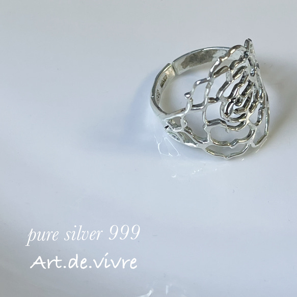 「純銀」大輪の薔薇シルバーリング「純銀の彫金リング」ピュアシルバーSV９９９ 11枚目の画像